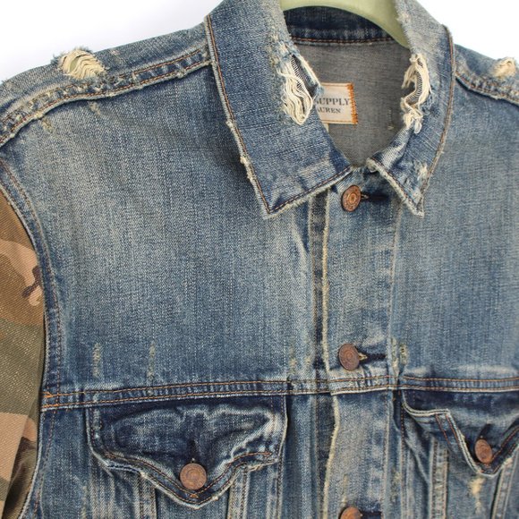 NWT Ralph Lauren Denim & Supply Distressed Denim Jacket Camo Sleeves Medium NEW - Picture 2 of 6